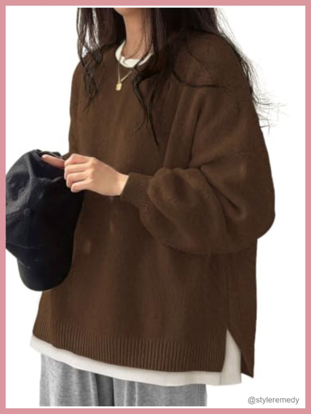 Womens Oversized Mock Layer Pullover Knit Sweater with Faux Fur Texture